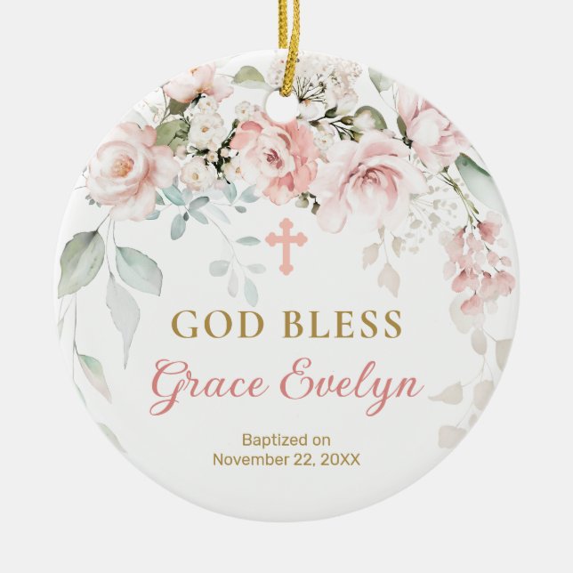 Pink Roses Foliage Cross Ornament (Front)