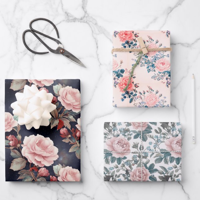 Pink Roses & Foliage Floral Botanical Pattern Wrapping Paper Sheets (Front)