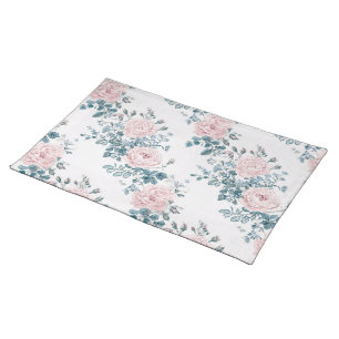 Pink Roses & Foliage Floral Pattern on White Cloth Placemat