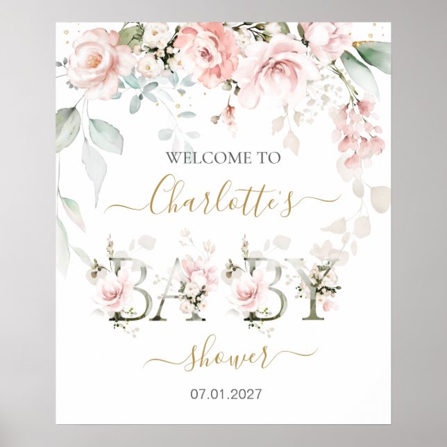 Pink Roses Foliage Welcome Baby Shower Sign (Front)