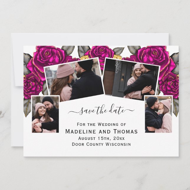 Pink Roses Four Photo Flat Save The Date Card (Front)