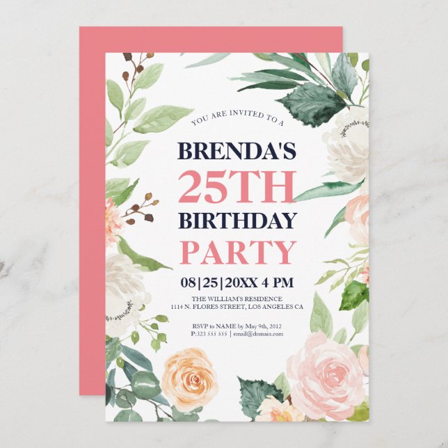 Pink roses frame birthday invite (Front/Back)