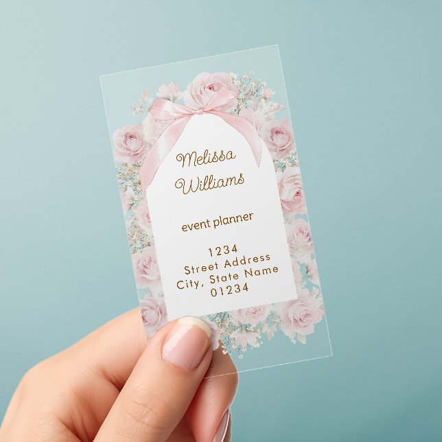 pink roses frame clear business cards (Handheld)