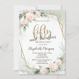 Pink Roses Frame Confetti Green 50th Birthday Invitation