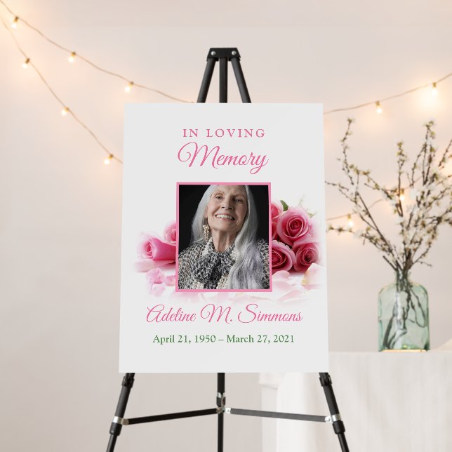 Pink Roses Funeral Memorial Photo Poster Board (In Situ (Stand))