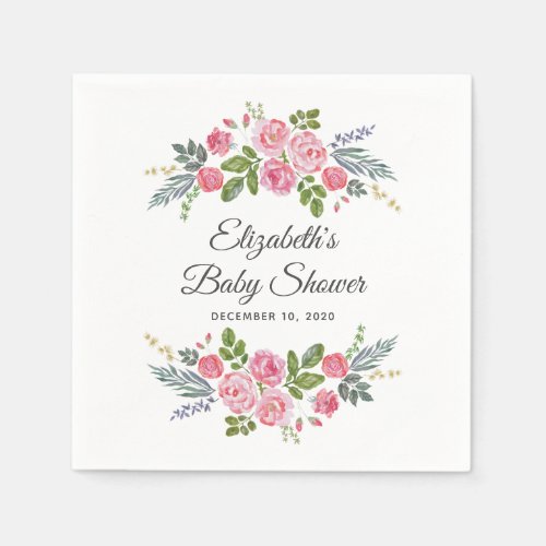 Pink roses Garden flowers Floral baby shower Napkins