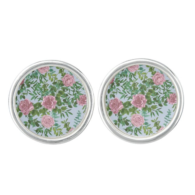 Pink Roses Garden Spring Wedding Cufflinks (Front)