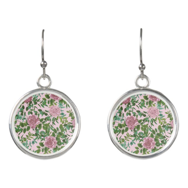Pink Roses Garden Spring Wedding Earrings (Front)