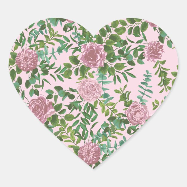 Pink Roses Garden Spring Wedding Heart Sticker (Front)
