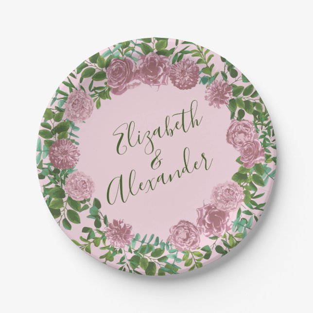 Pink Roses Garden Spring Wedding Paper Plates (Front)