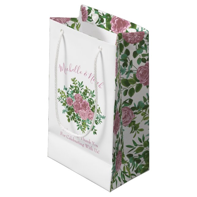 Pink Roses Garden Spring Wedding Small Gift Bag (Front Angled)