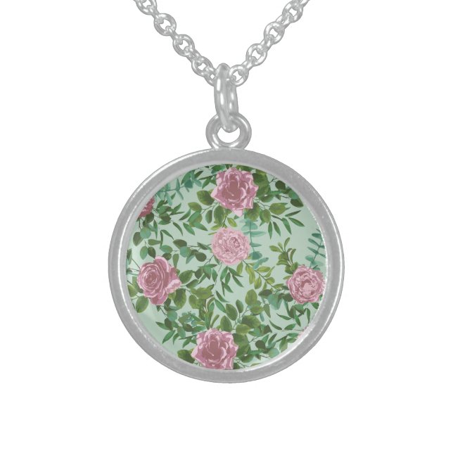Pink Roses Garden Spring Wedding Sterling Silver Necklace (Front)