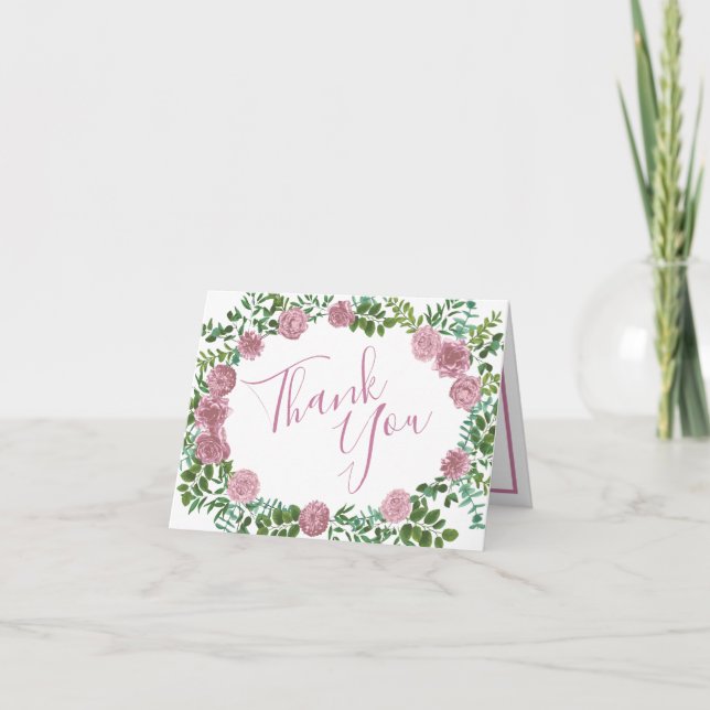 Pink Roses Garden Spring Wedding Thank You Card (Front)