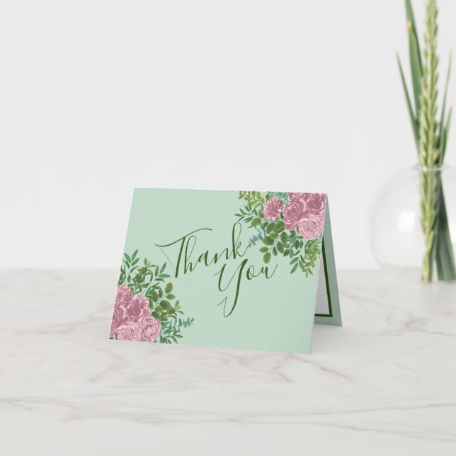 Pink Roses Garden Spring Wedding Thank You Card (Front)