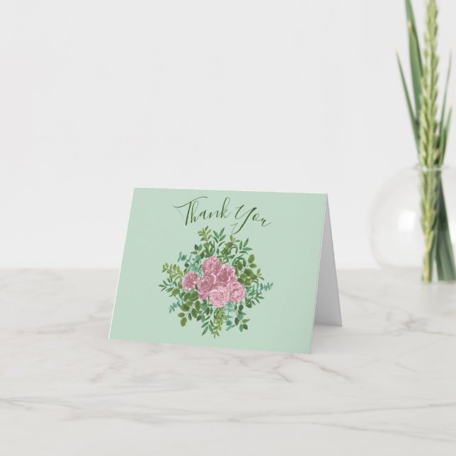 Pink Roses Garden Spring Wedding Thank You Card (Front)
