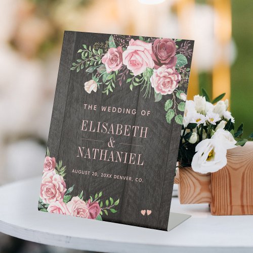 Pink roses garden wedding barn wood welcome sign