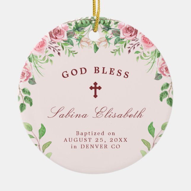 Pink roses girl baptism photo personalized ceramic ornament (Front)
