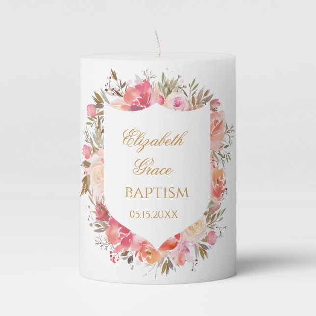 Pink Roses Girl Baptism Pillar Candle (Front)