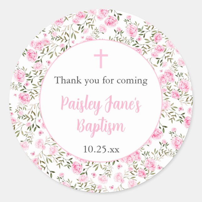 Pink Roses Girl baptism thank you sticker (Front)