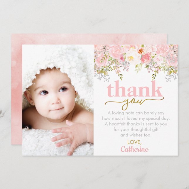 Pink Roses Girl Birthday Photo Thank You Card (Front/Back)