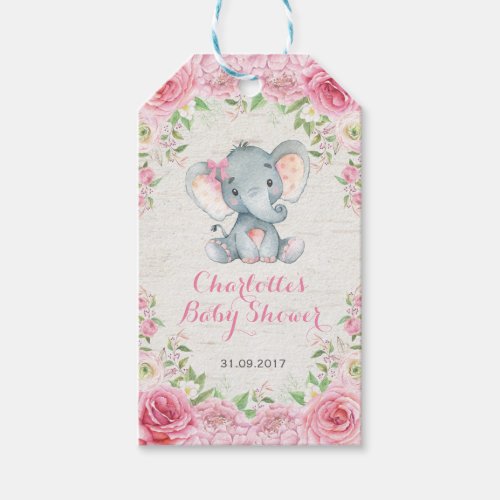 Pink Roses Girl Elephant Baby Shower Favor Tag