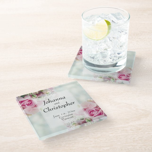 Pink Roses Glass Wedding Coaster (Angled)