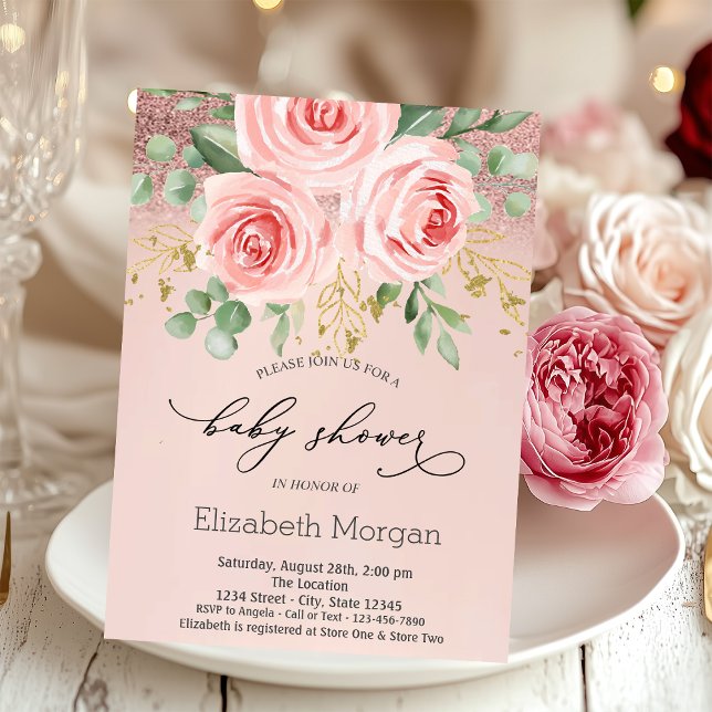 Pink Roses,Glitter Bokeh Baby Shower  Invitation (Creator Uploaded)