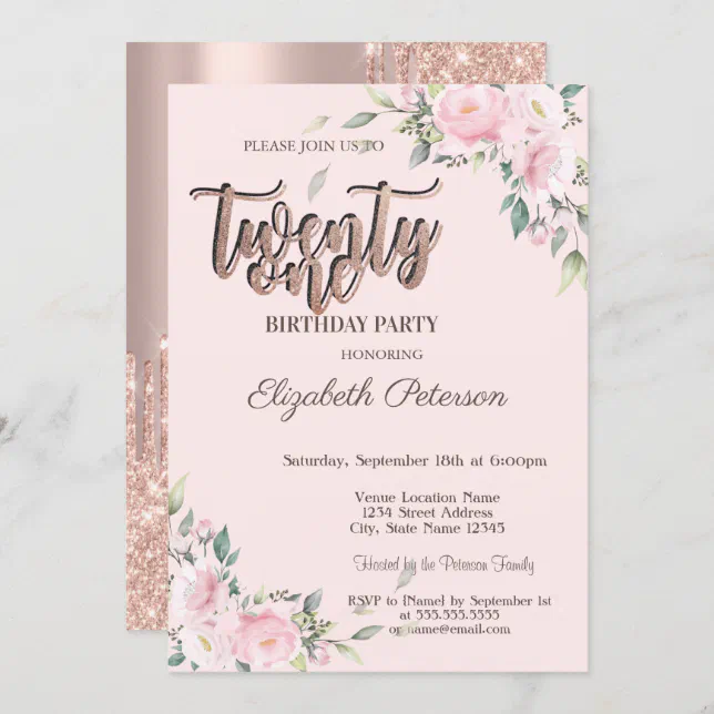 Pink Roses Glitter Drips Rose Gold 21st Birthday Invitation | Zazzle