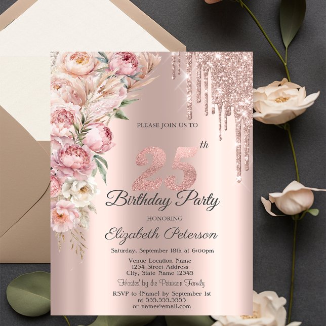 Pink Roses Glitter Drips Rose Gold 25th Birthday   Invitation (Creator Uploaded)