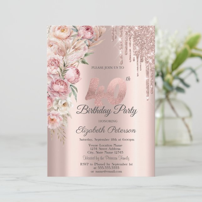Pink Roses Glitter Drips Rose Gold 40th Birthday   Invitation (Standing Front)