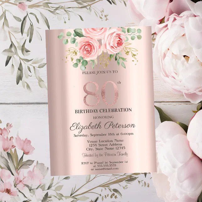 Pink Roses Glitter Drips Rose Gold 80th Birthday Invitation | Zazzle