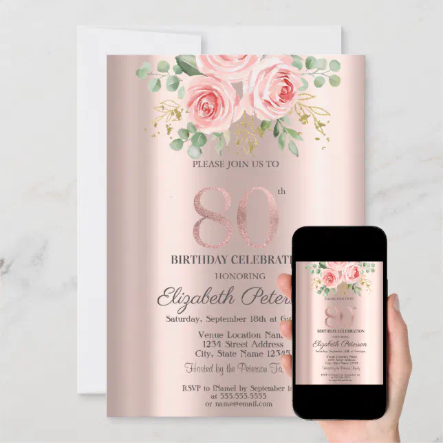 Pink Roses Glitter Drips Rose Gold 80th Birthday Invitation Zazzle