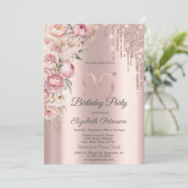 Pink Roses Glitter Drips Rose Gold 90th Birthday   Invitation (Standing Front)