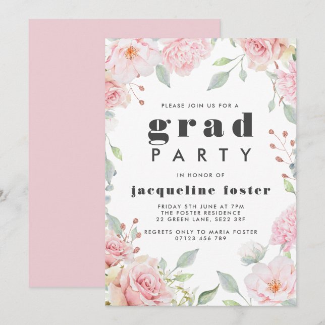Pink Roses & Glitter Graduation Party Invitation (Front/Back)