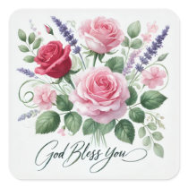 Pink Roses God Bless You Religious Square Sticker