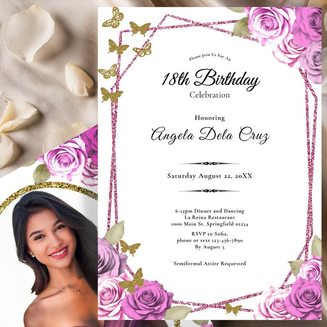 Pink Roses Gold Butterflies 18th Debut Birthday Invitation (Creator Uploaded)
