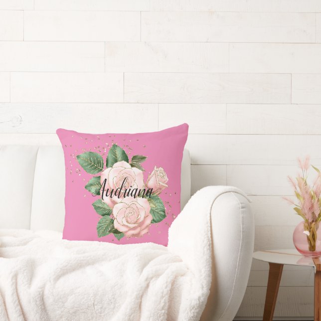 Pink Roses Gold Confetti Throw Pillow (Couch)