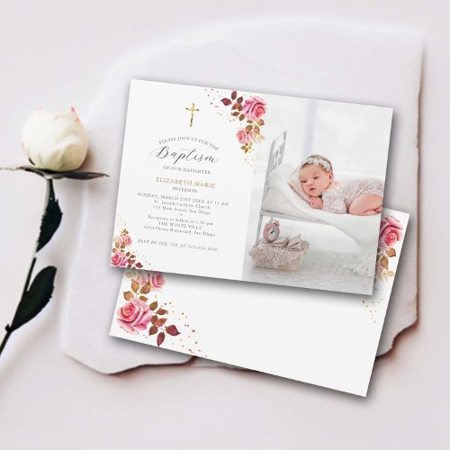 Pink Roses Gold Cross Baby Toddler Photo Baptism Invitation