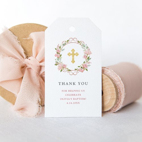 Pink Roses Gold Cross Floral  Baptism Gift Tags