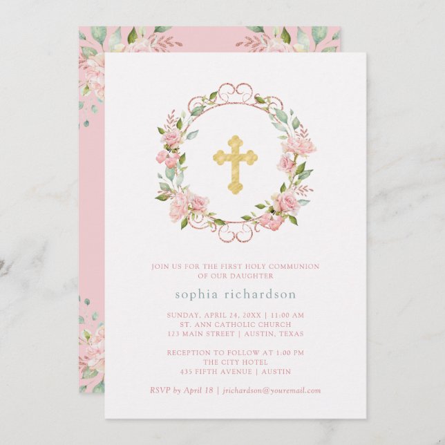 Pink Roses Gold Cross Floral First Holy Communion Invitation (Front/Back)