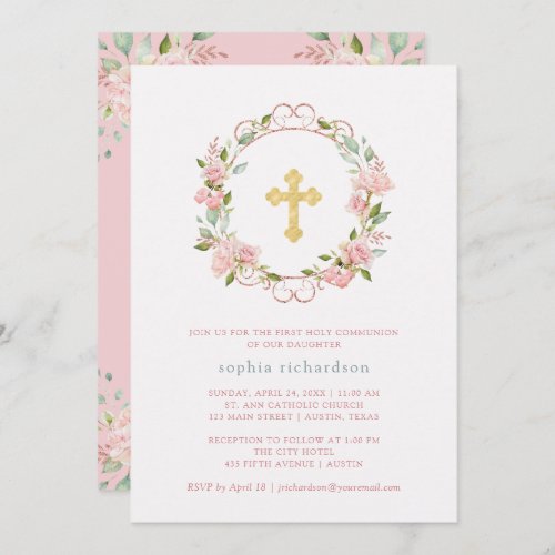 Pink Roses Gold Cross Floral First Holy Communion Invitation