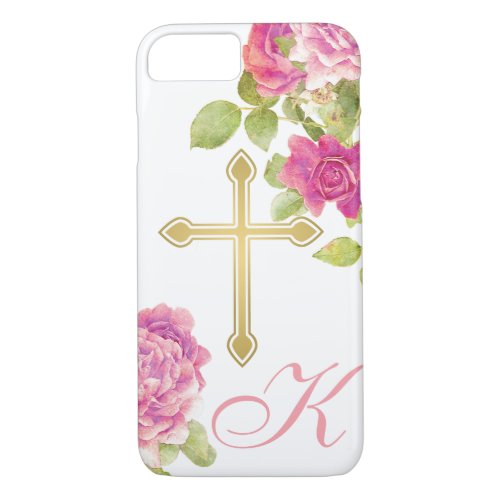 Pink Roses Gold Cross Monogrammed Floral Christian iPhone 87 Case