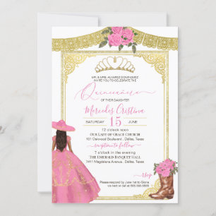 Pink Roses Gold Elegant Western Charro Quinceanera Invitation