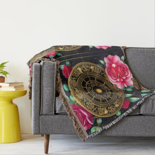 Pink Roses Gold Filigree Art Throw Blanket