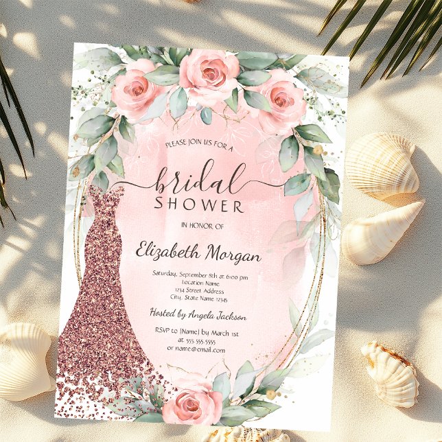 Pink Roses Gold Frame Glitter Dress Bridal Shower  Invitation (Creator Uploaded)