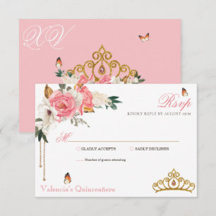 Pink Roses Gold Gemstone Tiara Quinceanera RSVP Card