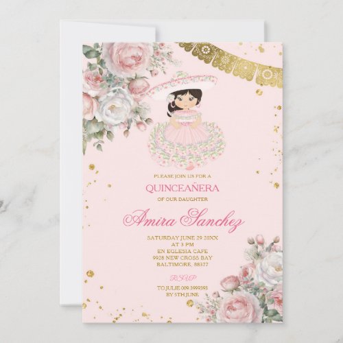 Pink Roses Gold Glitter Spanish Girl Quinceaera Invitation