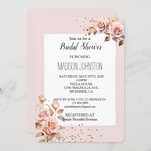 Pink Roses Gold  Glitter Sprinkles Bridal Shower Invitation
