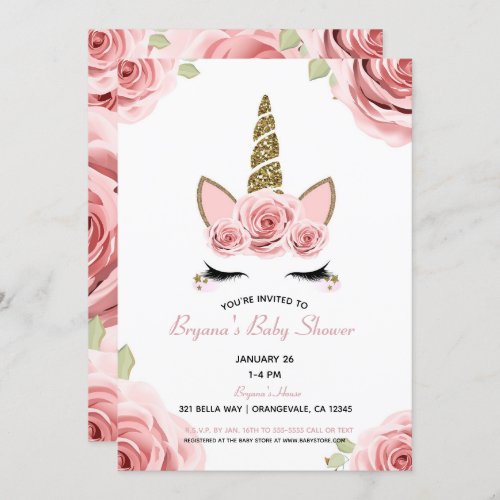 Pink Roses Gold Glitter Unicorn Floral Baby Shower Invitation