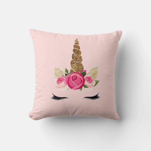 Pink Roses Gold Glitter Unicorn Horn Throw Pillow